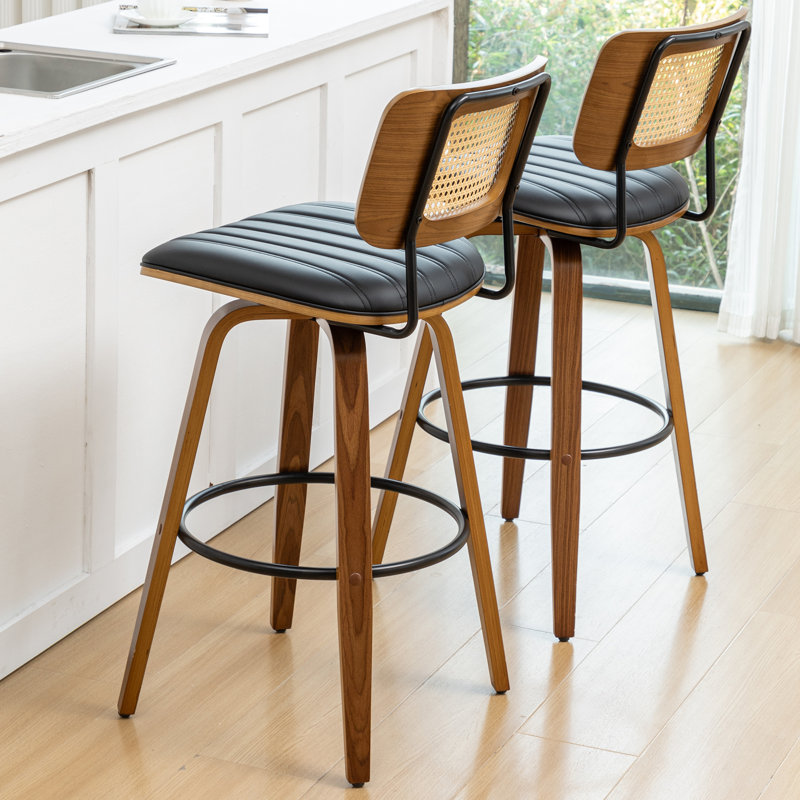 Valerie Wooden Rattan Faux Leather Bar Stools, Black, Bar Stool (30.31" Seat Height)