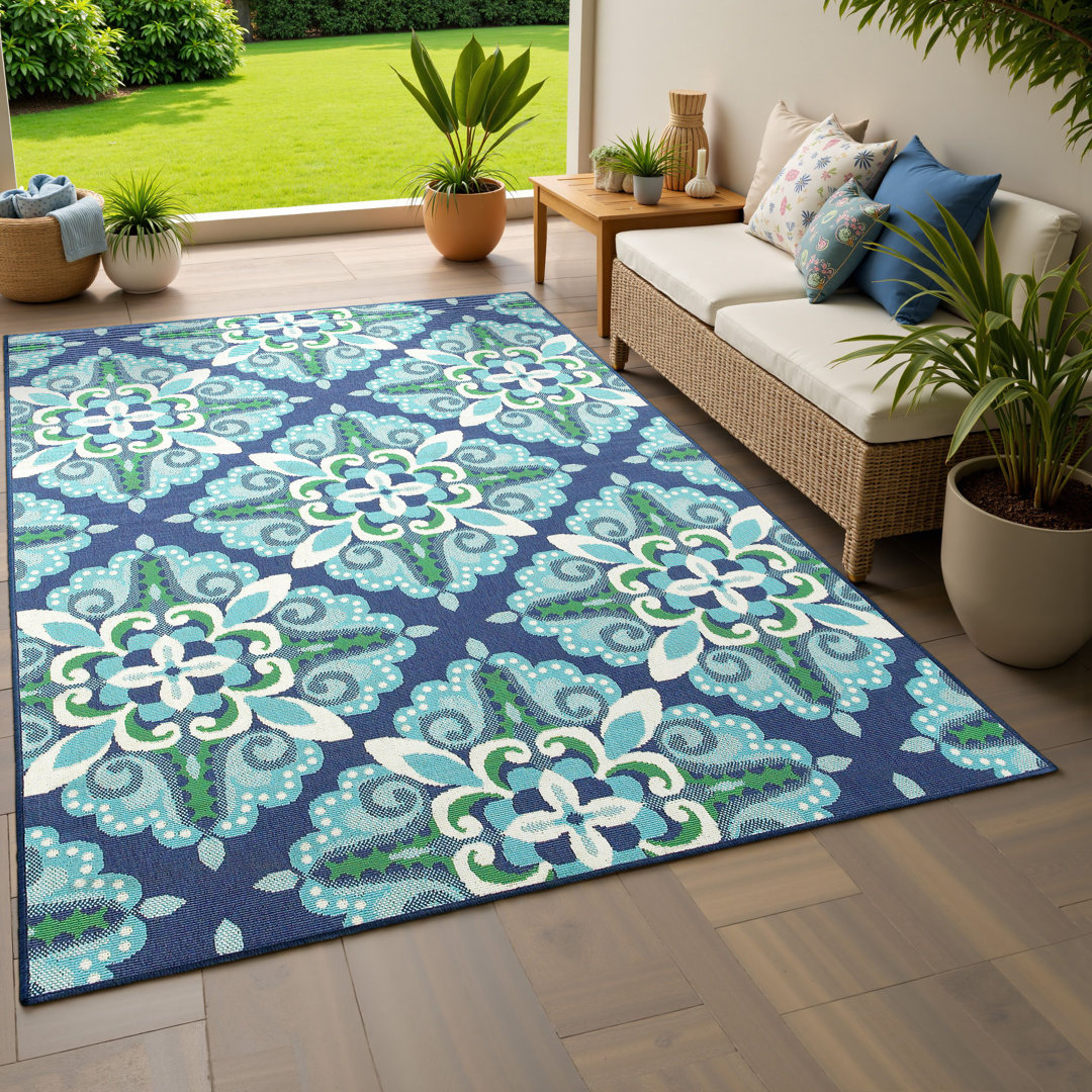 Deltana Floral Blue/Turquoise/Green/White Indoor / Outdoor Area Rug Lark Manor™ Rug 