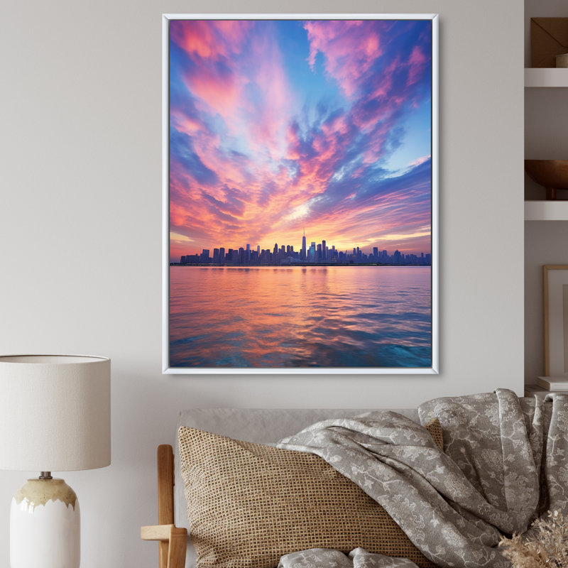 Tyneside Blue Pink Sskyline Symphony II, reproduction d'art sur toile, H 20 po x l 12 po x P 1 po, Cadre flottant blanc