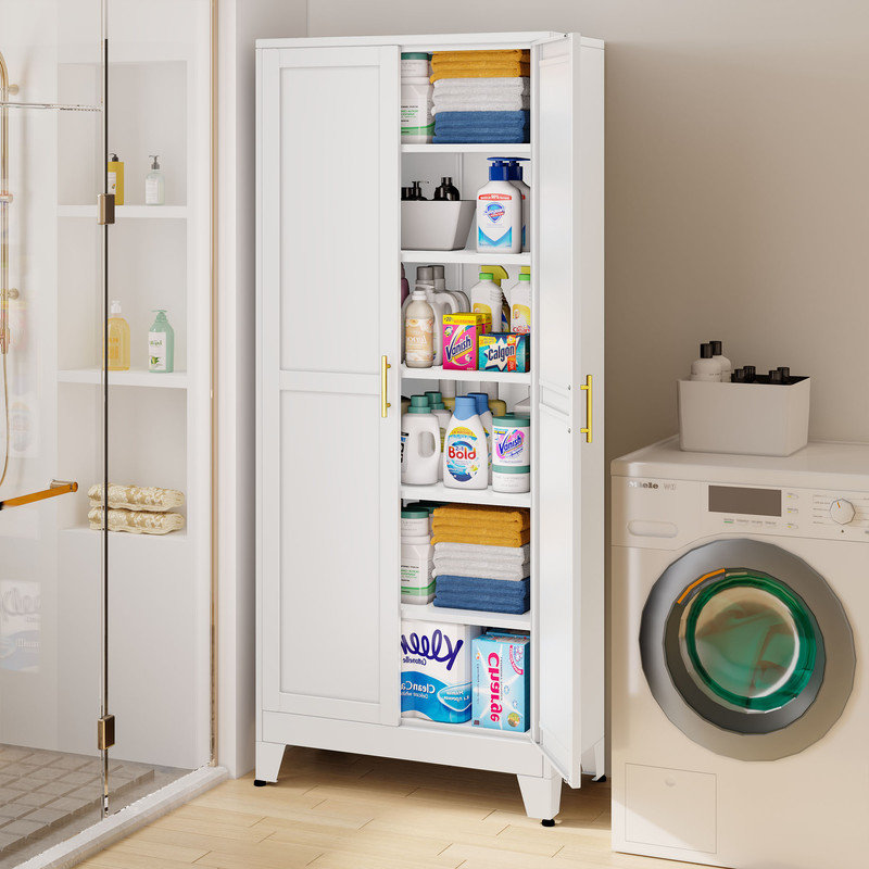 Metal Tall Garage Storage Cabinet with 5 Adjustable Shelves for Bathroom Kithcn Pantry , White