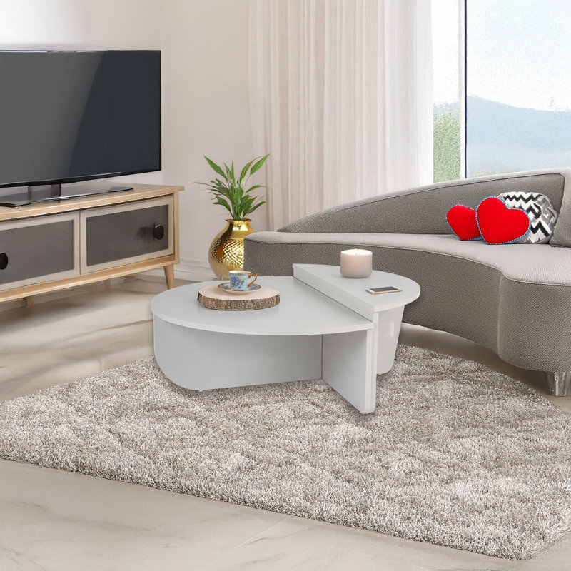 2 Pieces Round Nesting Coffee Table Set, White