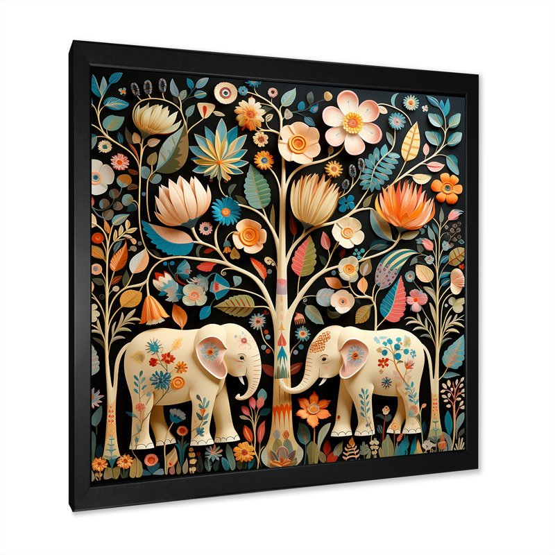 Art indien, éléphants de Jaipur 4 - Art indien, impression d'éléphants, H 30 po x l 30 po, Cadre photo unique, Noir