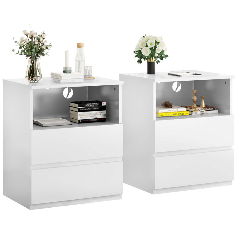 Table de bout avec station de charge USB C rapide, canapé avec 2 tiroirs, grande armoire de rangement moderne en bois pour le salon, la chambre à coucher, le bureau, blanc