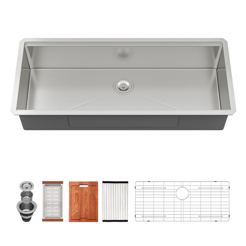 Évier de cuisine à simple cuve encastrable 45 po x 19 po en acier inoxydable de calibre 16 avec passoire, planche à découper, crépine et support pour sécher la vaisselle