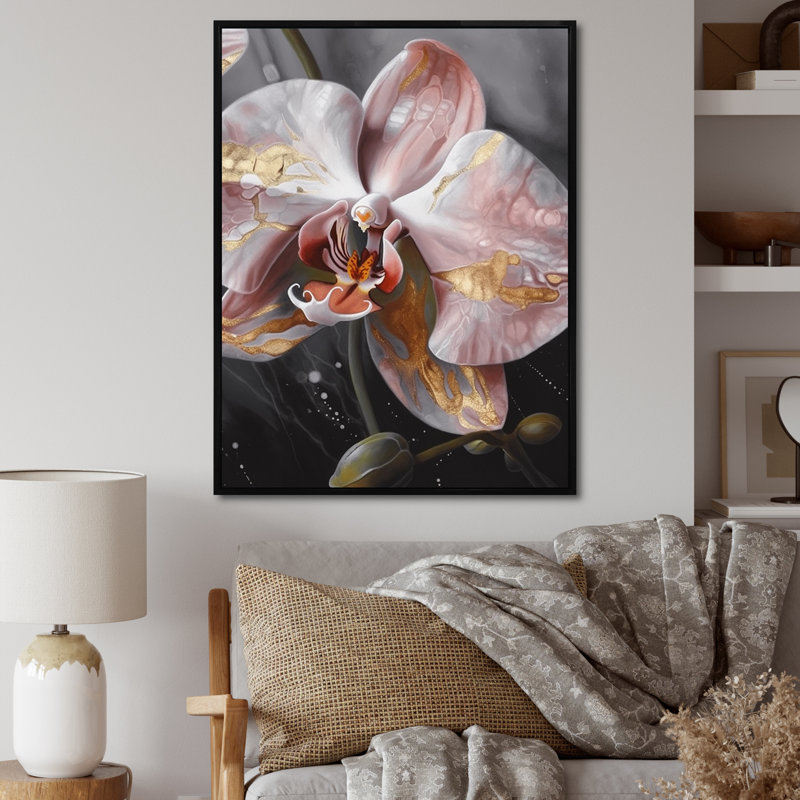 Orchidées roses exquises - imprimé, H 20 po x l 12 po x P 1 po, Cadre flottant noir