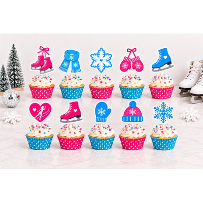 Ice Skating Rink Cupcake Toppers, Pink Blue Figure Skates Snowflake Winter Birthday Picks, Cardstock Party Decor