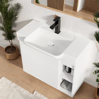 Meuble-lavabo et lavabo blanc brillant et peu encombrant, design moderne