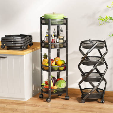 poplarbox Rotating Multi-Layer Kitchen Storage Shelf Round Metal Storage  Baskets Movable Floor-Standing Black Storage Rack with Wheels Household