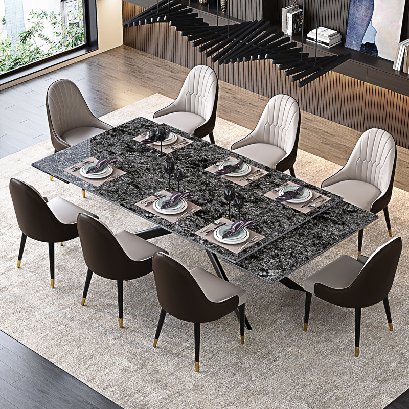 Vetler 9 - Piece 110.23'' Extendable Rectangular Sintered Stone Dining Table with 8 Leather Chairs Dining Set, Black