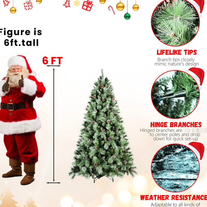 Arbre de Noël de 90 pouces avec 92 branches de pin décoratives, 1588 pointes mixtes et dures, structure à charnières pour un assemblage rapide, support en métal robuste, 56 po de largeur, 35,6 lb avec pointes d'aiguille, simple