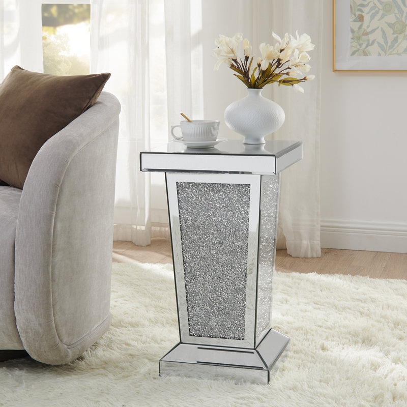 Table de bout en miroir argentée avec incrustation de cristal