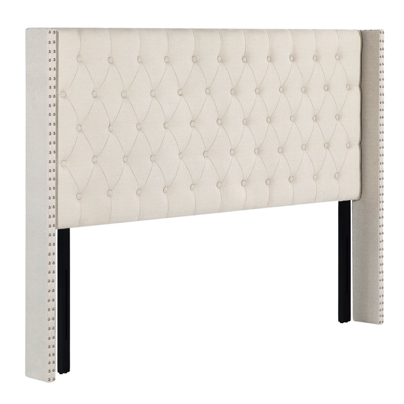 Tufted Wingback Upholstered Headboard with Nailhead Trim, Ivory-Linen, Queen
