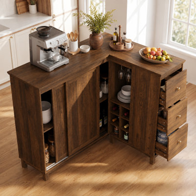 L-Shaped Corner Bar Cabinet with Power Outlet, USB & Type-C Ports, Walnut MDF Home Bar Cabinet with Drawer