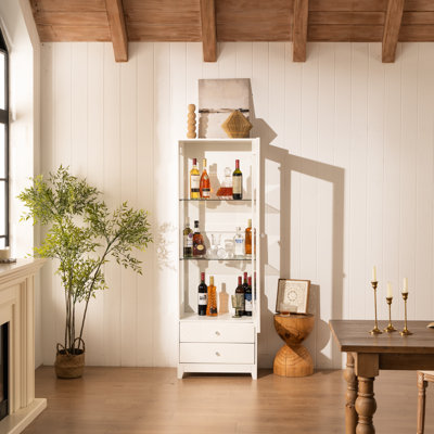 Armoire à vin autoportante de 71 po avec plafond à DEL 5 couleurs, éléments rembourrés, 2 tiroirs de rangement, porte vitrée, tablettes réglables, vue panoramique à 180 ° pour une configuration de bureau - vue blanche, portes, salle à manger