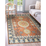 Coral Hand-Knotted Wool Geometric Medallions Modern Contemporary Carpet Rug