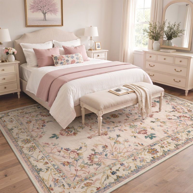 Tapis rose à motif floral lavable à la machine avec envers antidérapant Abadou, Rectangulaire 8 pi x 10 pi