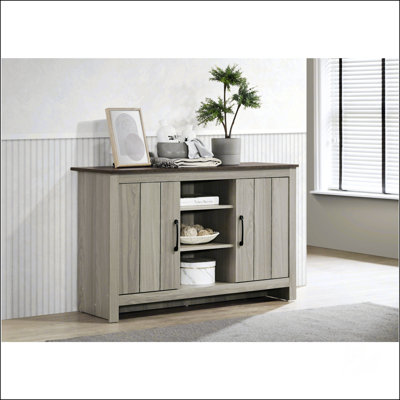 Armoire à finition chêne gris avec tablettes, portes et gestion des câbles pour des solutions de rangement modernes