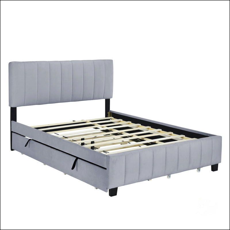 Grand lit plateforme tapissier en velours avec 2 tiroirs et 1 lit gigogne simple TG - gris