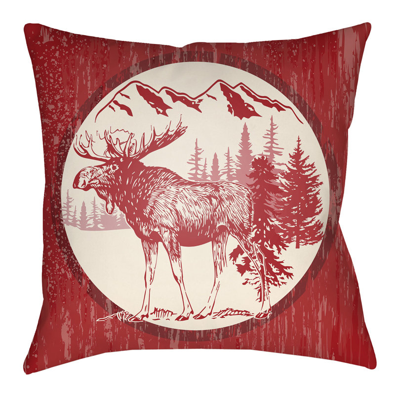Lodge Cabin Moose Moose Indoor/Outdoor Throw Pillow, 20" H x 20" W x 3" D, Crimson Red/Beige