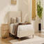 Lit plateforme tapissier moderne en velours beige avec tête de lit à oreilles et pieds en bois de noyer-636167633-636167647