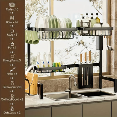 Égouttoir à vaisselle monté sur évier, grand support à vaisselle de comptoir de cuisine, réglable (33 po à 38 po), égouttoir à vaisselle extensible avec porte-couverts et porte-planche à découper, noir.