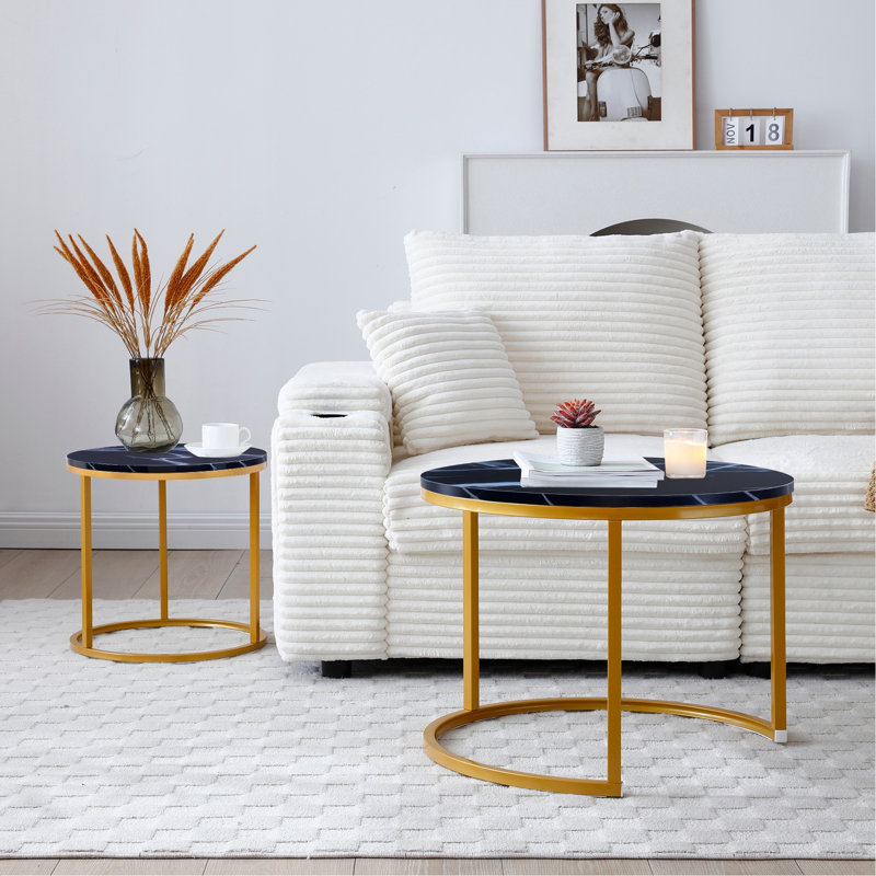 Set 2 Coffee Table Nesting Black Top Golden Frame Circular Round And Marble Pattern Wooden Tables, Living Room Bedroom Apartment Modern Industrial Simple Nightstand