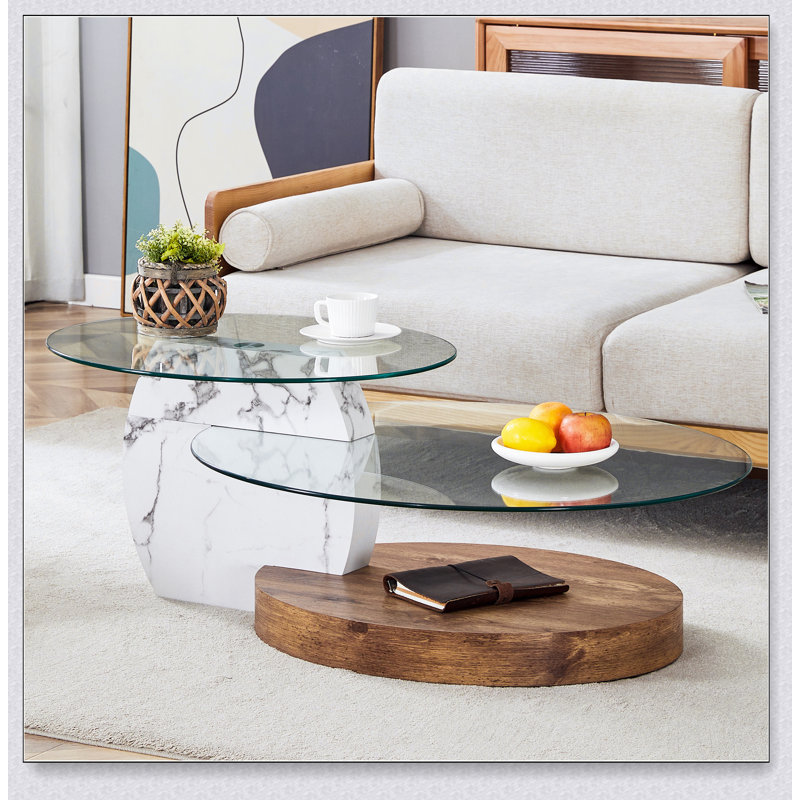 Table basse à double couche Contemporary Artistic - marbre blanc et collage de grain de bois, plusieurs couleurs disponibles, plateau en verre renforcé