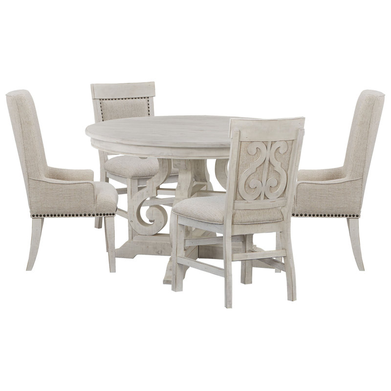 48" Round Dining Table With 2 Upholstered Side Chairs And 2 Host Chairs, 5 Pieces: Table, 4 Chairs, White