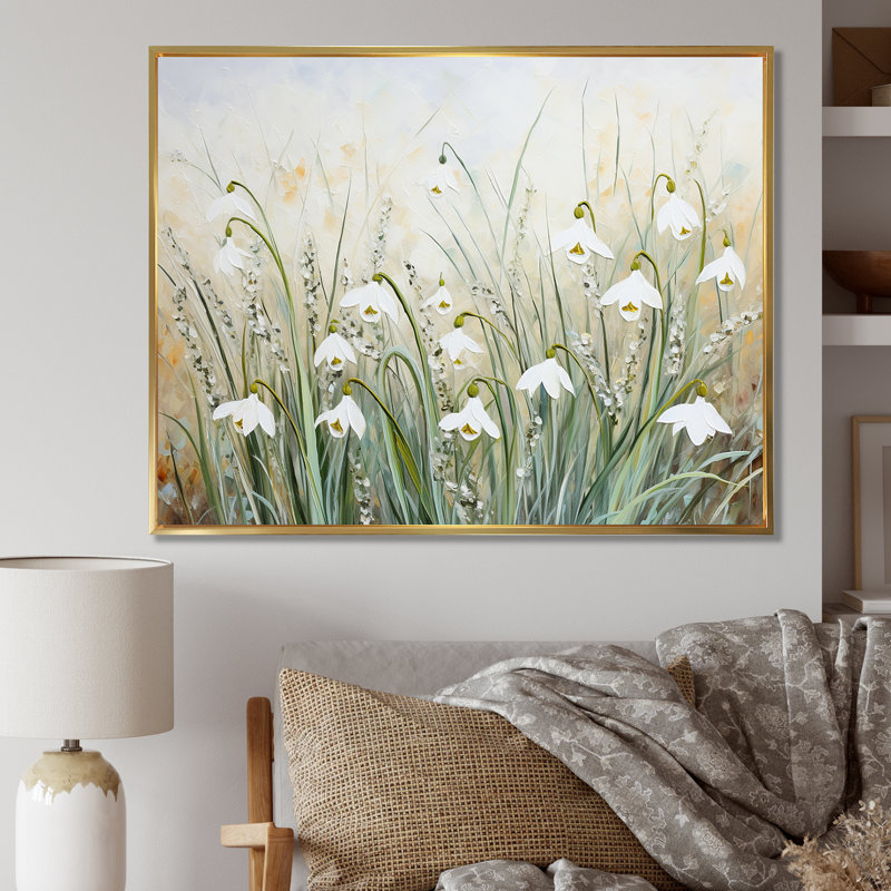 «Farmhouse Snowdrops Bloom Charm I», reproduction sur toile, H 12 po x l 20 po x P 1 po, Cadre flottant doré
