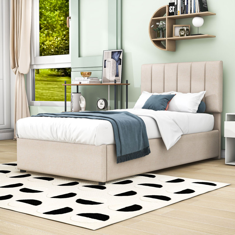 Lit plateforme simple tapissier avec système de rangement hydraulique et rangement relevable, Beige