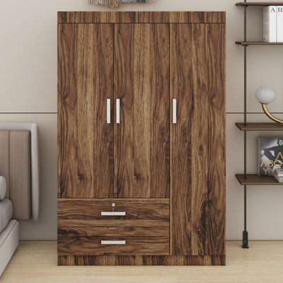 3 Door Wooden Wardrobe with Drawers and Hanging Rods