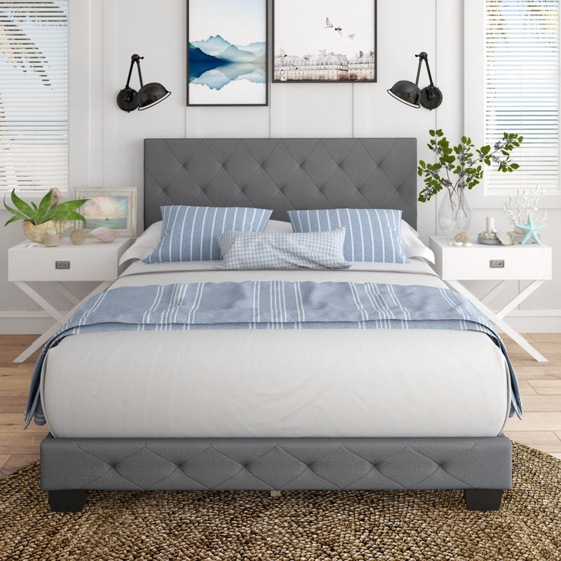 Chloe King Gray Linen Upholstered Platform Bed Frame