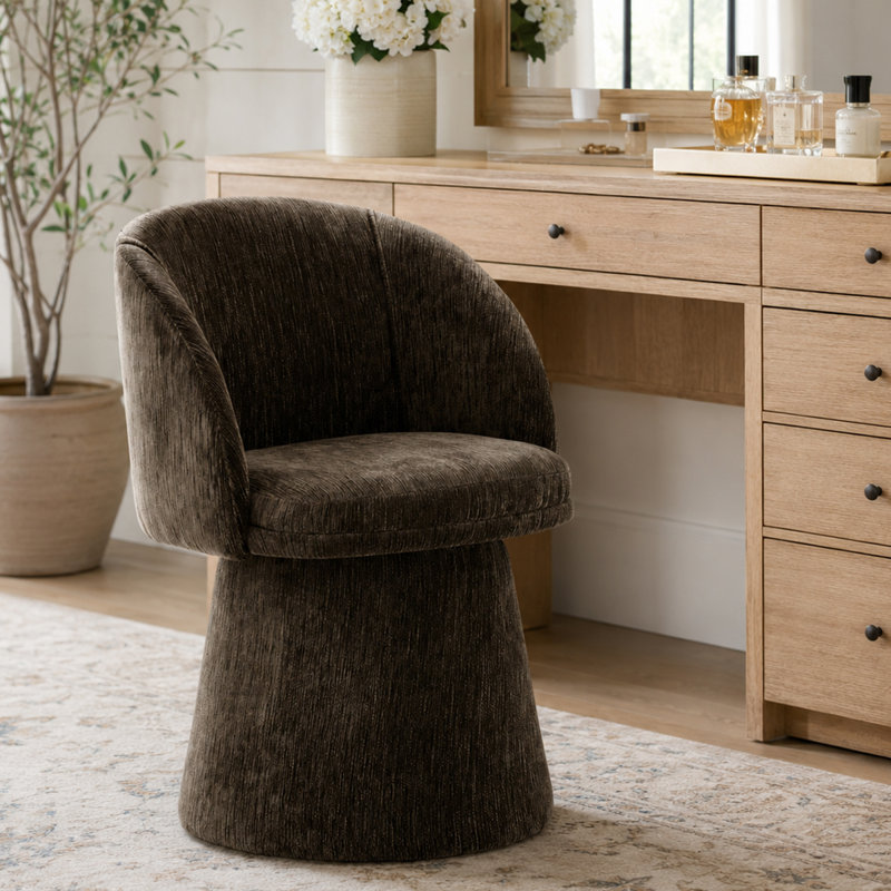 Tabouret de meuble-lavabo moderne rembourré avec base de piédestal sculpturale et dossier arrondi pour table de maquillage