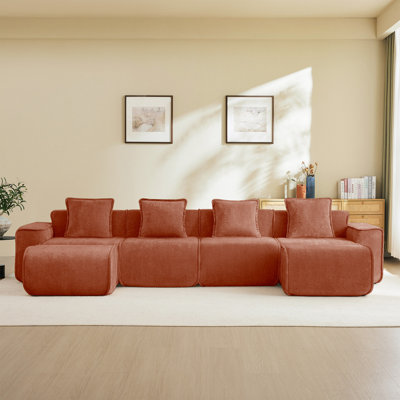 Streamlined Design Modular 4 Seat U Shape Sectional Boneless Sofa With French Edge Piping, No Assembly Required,4-Seat Sofa Couch With Throw Pillows And 2 Movable Ottomans, Velvet Fabric
