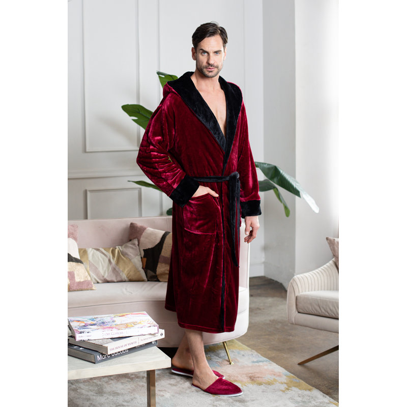 LOTUS LINEN - Peignoir moelleux à capuche, P / M, Bordeau/noir