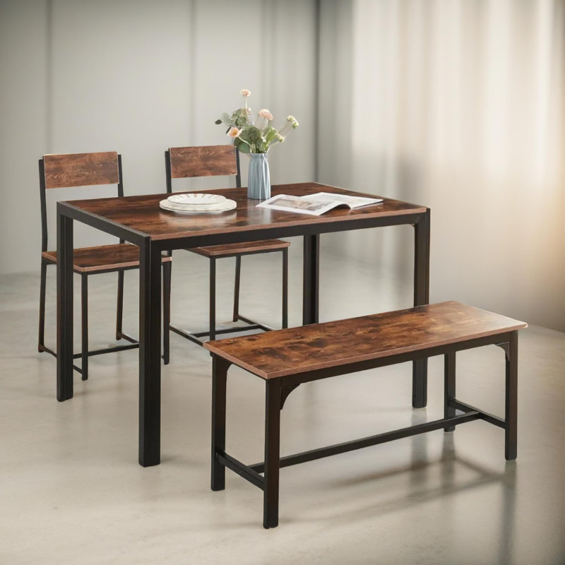 Nye Rustic Industrial 4 - Person Dining Set, Metal Frame, Kitchen Chair and Table, Rustic Brown