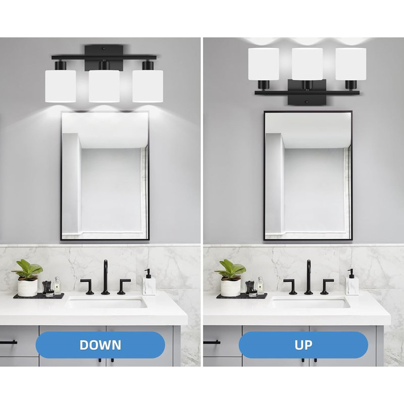 Black Modern 3-Light Bathroom Vanity Fixture with Milky White Glass Shades
