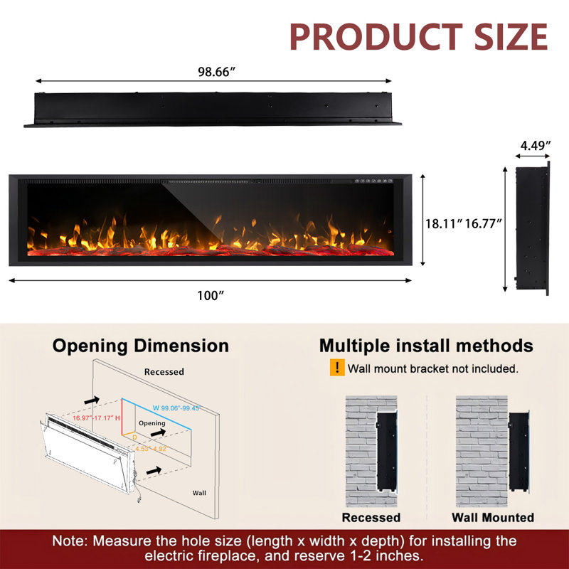 Recessed And Wall Mounted Electric Fireplace, 18.11" H x 100" W x 4.49" D