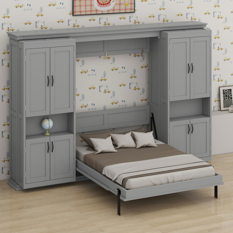 Lit escamotable avec armoires de rangement coulissantes doubles, Gris