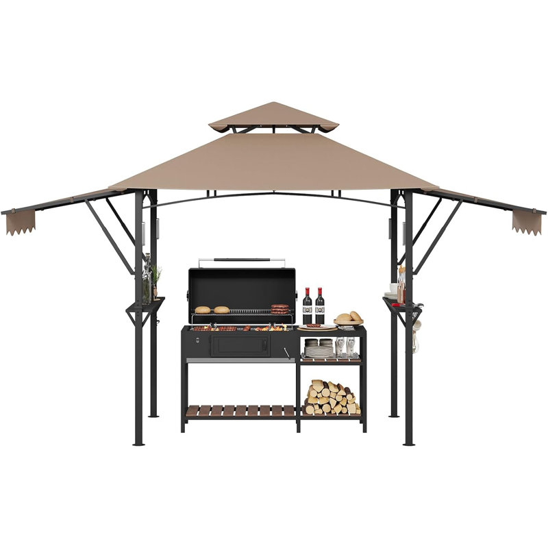 8 Ft. x 5 Ft. Grill Gazebo with Adjustable Dual Side Awnings, Double-Tier BBQ Canopy with Shelves, Hooks and Steel Frame for Backyard or Patio