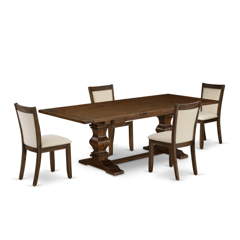 5 Piece Dining Table Set Includes a Rectangle Kitchen Table with Removable Leaf and 4 Light Beige Linen Fabric Upholstered Chairs, Antique Walnut