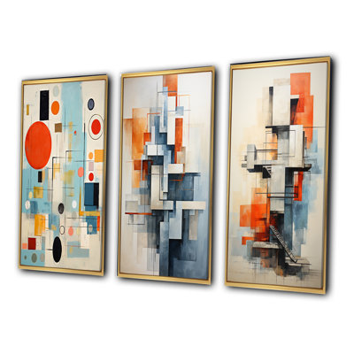 " Blue Orange Mid Century Abstract Retro " 3 - Pieces