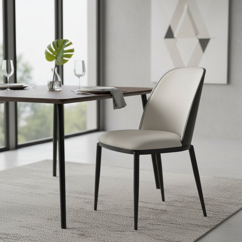 Modern Upholstered Dining Chair, Mid-Century Curved Back Side Chair, Solid Wood Legs Minimalist Kitchen Accent Seating