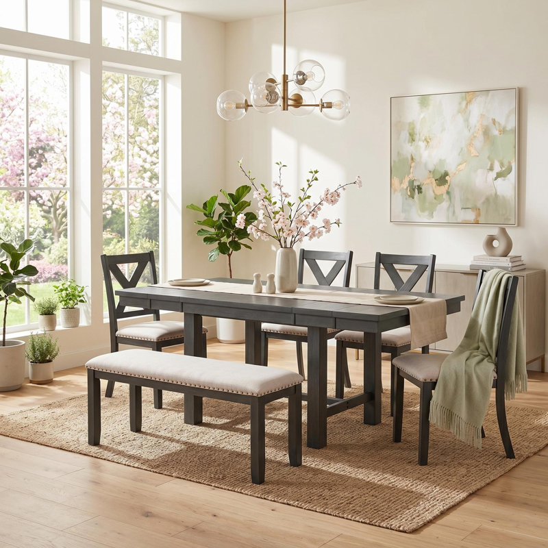 Ensemble de table de salle à manger extensible 6 pièces 82 po avec repose-pieds, 4 chaises rembourrées beiges, banc et 2 rallonges amovibles de 11 po - Structure noire et coussins beiges Farmhouse