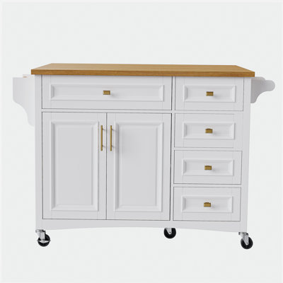 K&K 52'' Kitchen Island with Drop Leaf, Embossed Texture Kitchen Island on Wheels with Spice Rack, Towel Rack, 2 Doors and 5 Drawers, Kitchen Storage Cart with Adjustable Shelf for Kitchen, White