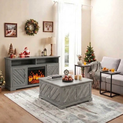 Ensemble de salon rustique de style ferme avec table basse relevable, meuble télé avec foyer et ensemble de 2 tables d'appoint