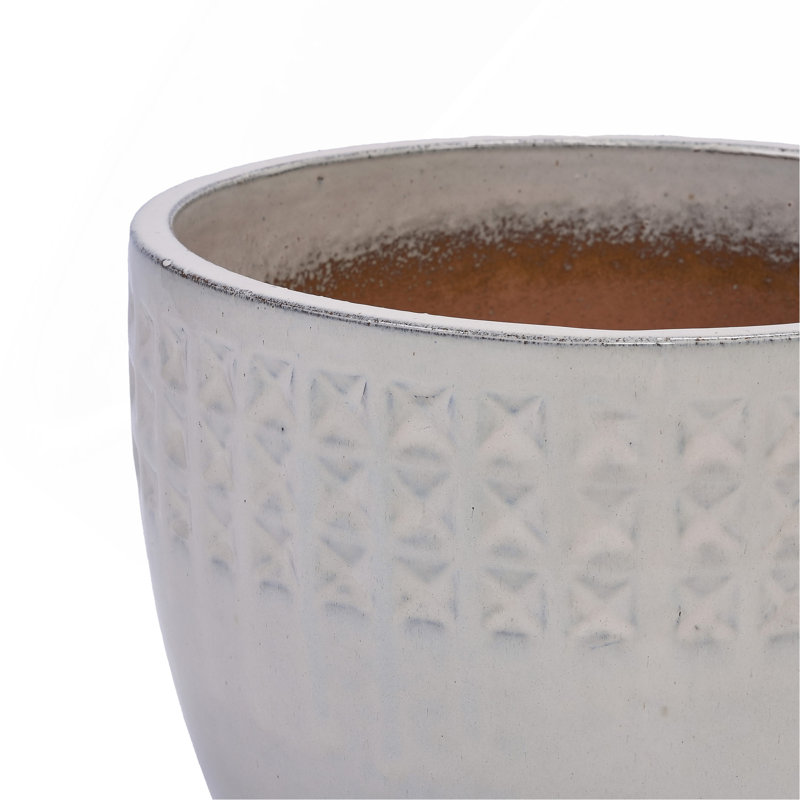 Handmade Ceramic Flower Pot Set of 3, 15/12/9 Inch Diameter, White Diamond Pattern, for Succulents Indoor/Outdoor Use on Windowsill & Bookshelf, Breathable Clay