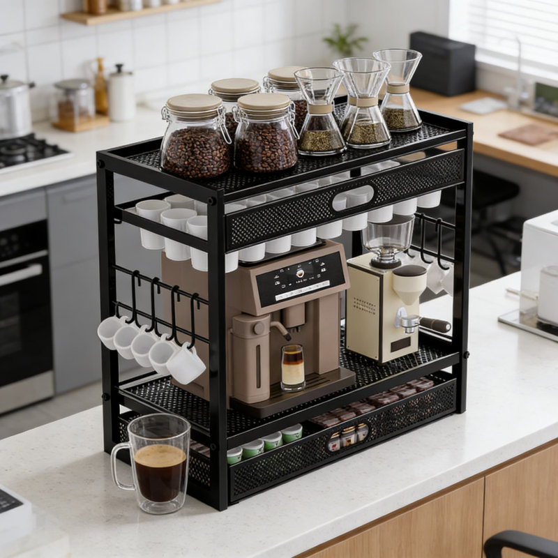 Support de rangement Coffee Station - Organisateur en métal à 2 niveaux avec porte-gobelets pour machine à café de bureau - Solution de rangement de cuisine efficace