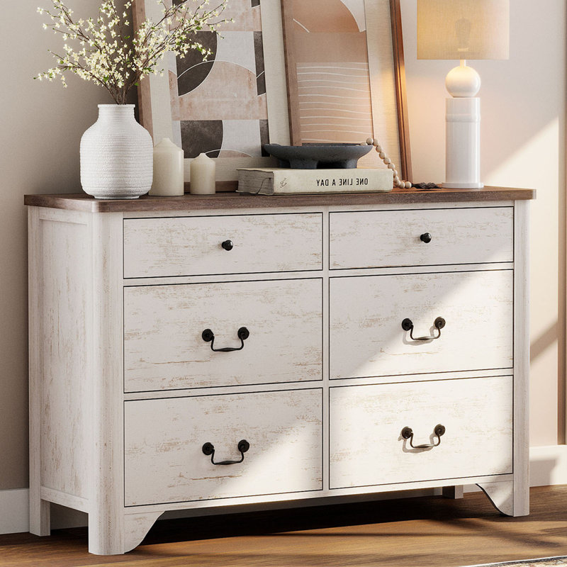 Commode décorative 6 tiroirs. Commode double en bois 47,2 po, Blanc