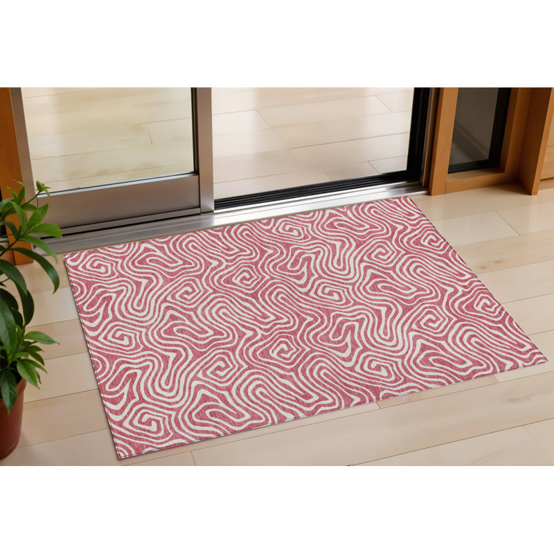3' X 5' Blush And Ivory Abstract Washable Indoor Outdoor Area Rug